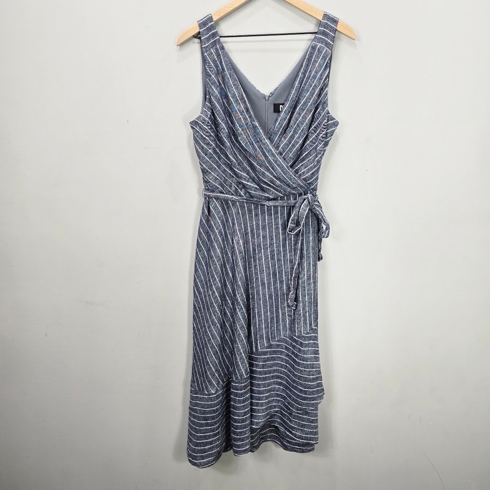 DKNY Faux Wrap Midi Dress 10 Pinstripeā Sleeveless Linen Blend Vacation Resort